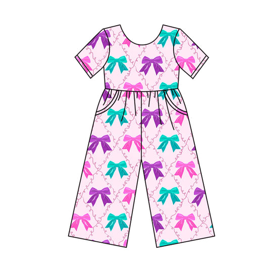 Baby Girls Pink Short Sleeves Colorful Bows Plaid Pocket Pant Jumpsuits Preorder