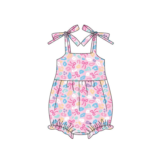 SR3124Baby Girls Pink Strap Colorful Bows Leopard Ruffle Rompers Preorder