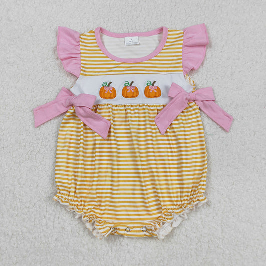 Embroidery Pumpkins Baby Girls Stripe Fall Ruffle Rompers