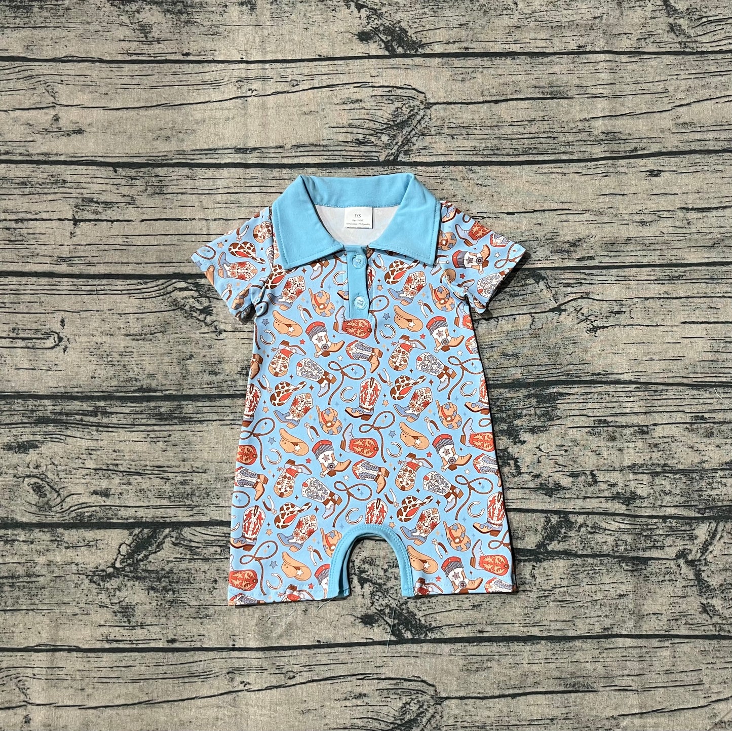 Baby Kids Blue Short Sleeves Western Boots Hats Button Rompers