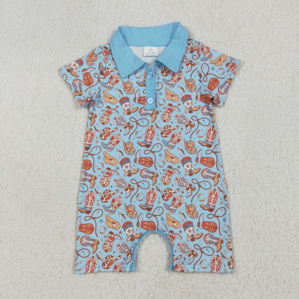Baby Kids Blue Short Sleeves Western Boots Hats Button Rompers