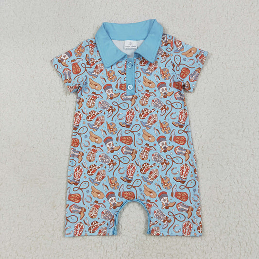 Baby Kids Blue Short Sleeves Western Boots Hats Button Rompers