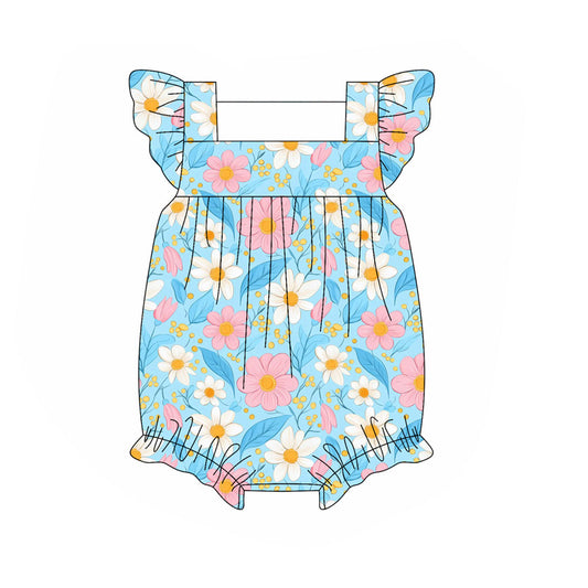 Baby Girls Blue Flutter Sleeves Daisy Flowers Ruffle Rompers Preorder