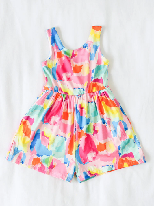 Baby Girls Sleeveless Watercolor Camo Short Jumpsuits Preorder
