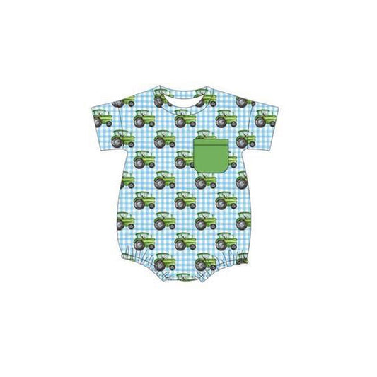 Baby Boys Short Sleeves Trucks Blue Plaid Pocket Farm Bummies Rompers Preorder