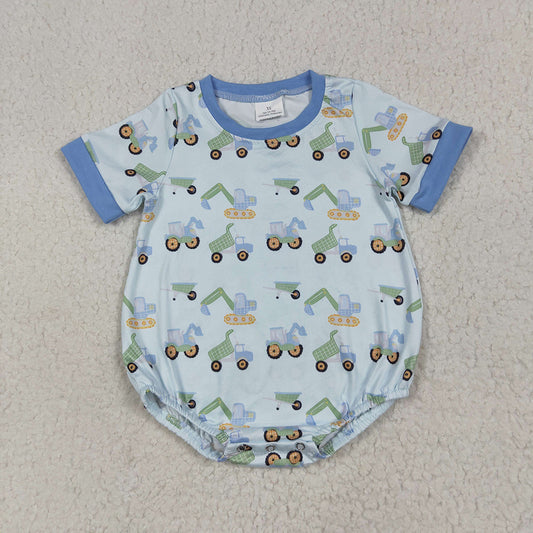 Baby Boys Short Sleeves Blue Excavators Plaid Rompers
