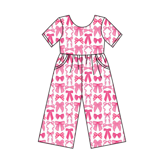 Baby Girls Short Sleeves Pink Bows Plaid Pockets Pant Jumpsuits Preorder