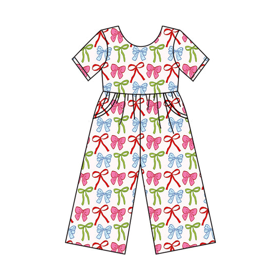 Baby Girls Short Sleeves Pink Blue Green Bows Plaid Pockets Pant Jumpsuits Preorder