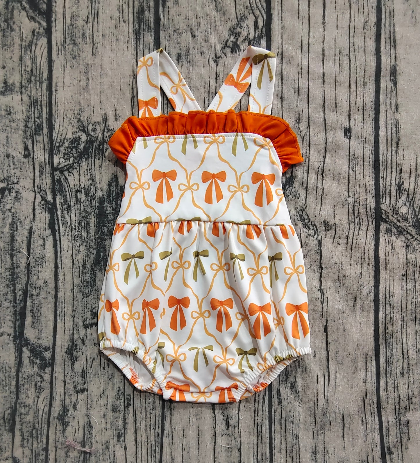 Baby Girls Strap Orange Bows Plaid Ruffle Rompers
