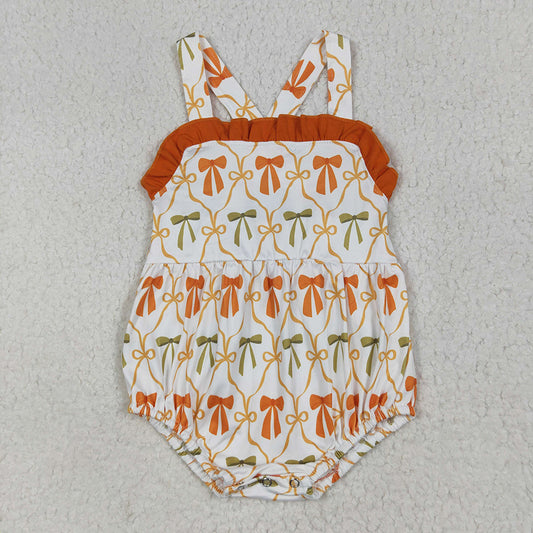 Baby Girls Strap Orange Bows Plaid Ruffle Rompers