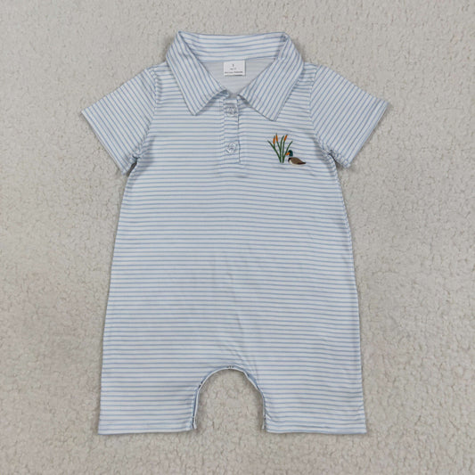USA Shop Baby Boys Blue Stripe Embroidery Ducks Hunting Button Rompers