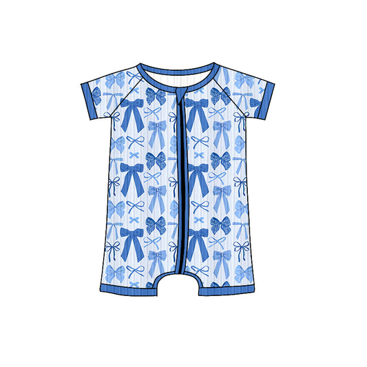 Baby Girls Short Sleeves Blue Bows Plaid Zipper Rompers Preorder