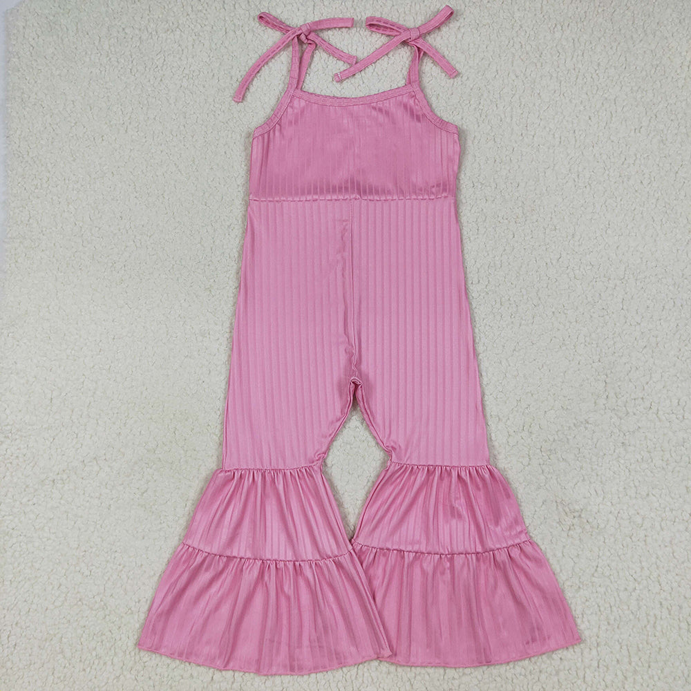 Baby Girls Pink Strap Bell Bottom Ribbed Jumpsuits