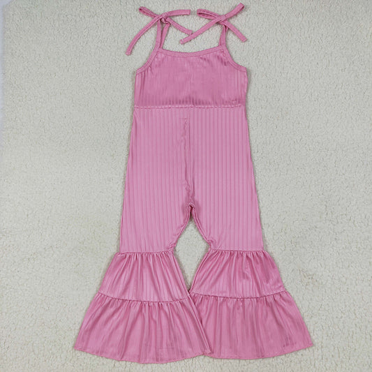 Baby Girls Pink Strap Bell Bottom Ribbed Jumpsuits