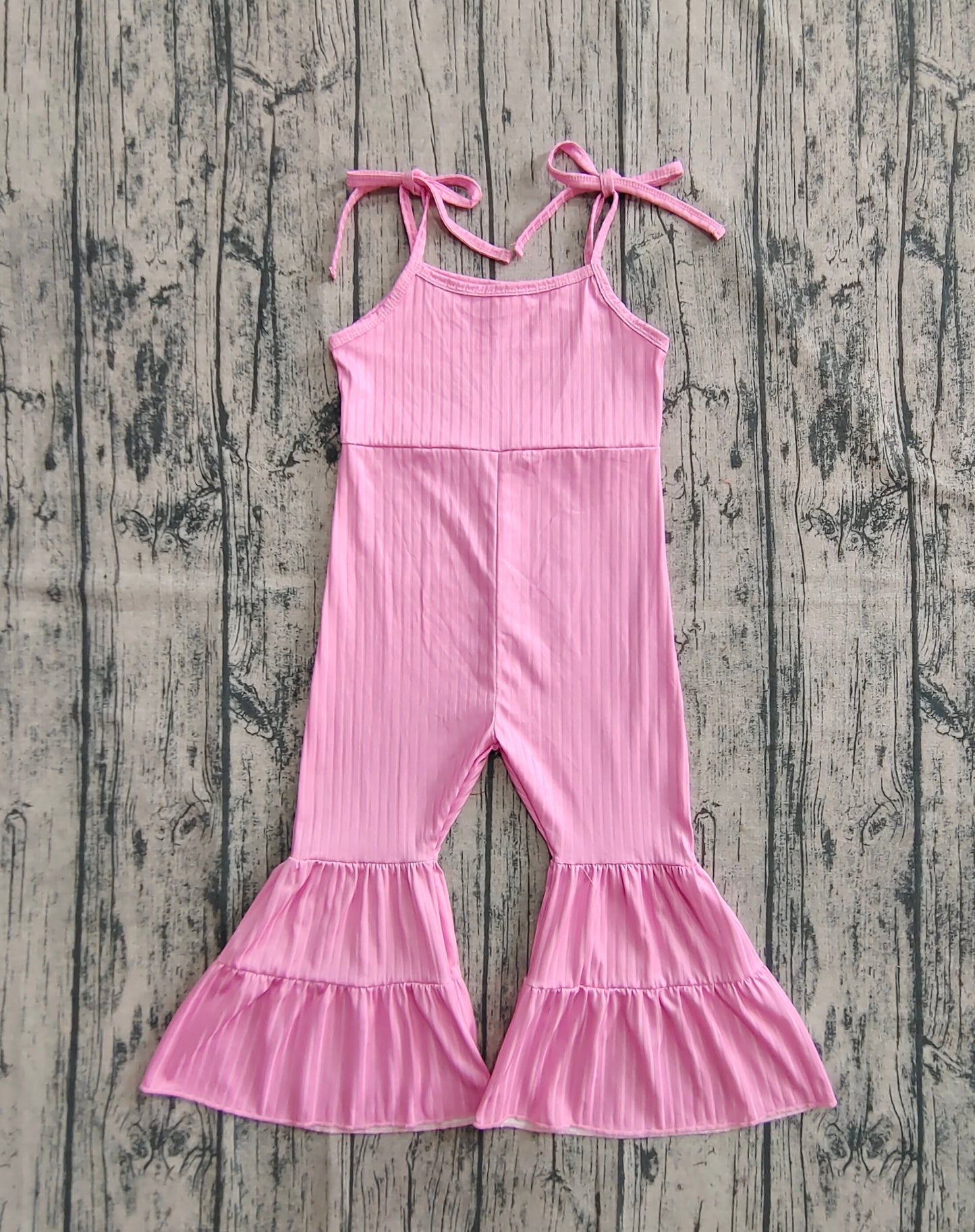 Baby Girls Pink Strap Bell Bottom Ribbed Jumpsuits