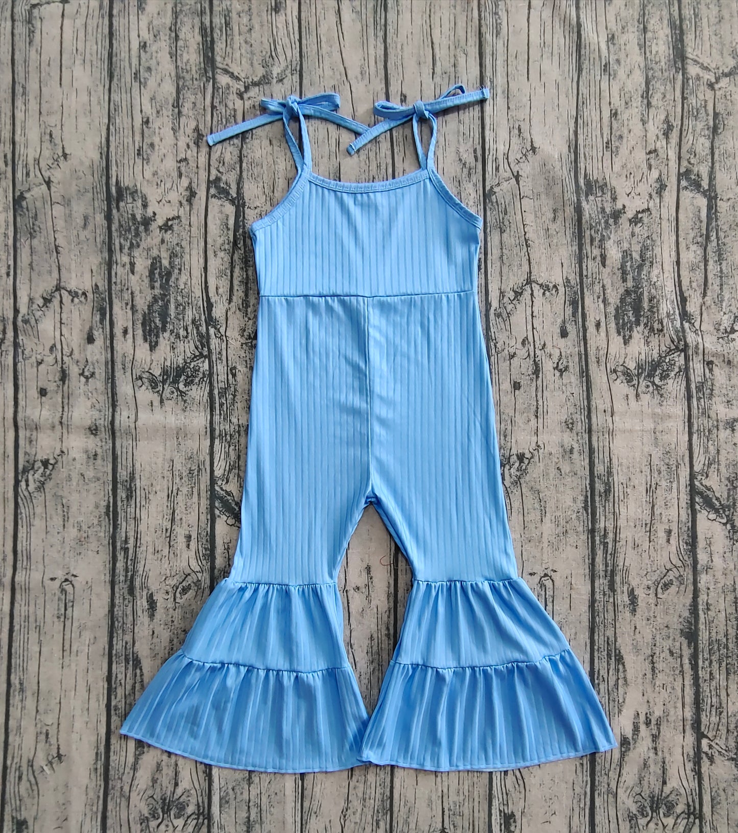 Baby Girls Blue Strap Bell Bottom Ribbed Jumpsuits