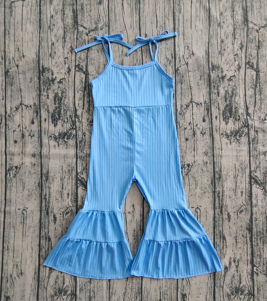 Baby Girls Blue Strap Bell Bottom Ribbed Jumpsuits