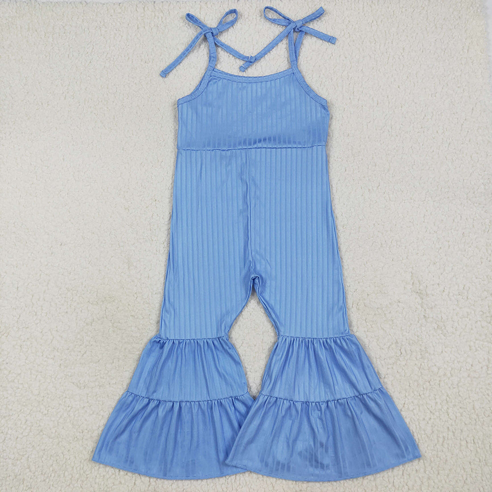 Baby Girls Blue Strap Bell Bottom Ribbed Jumpsuits