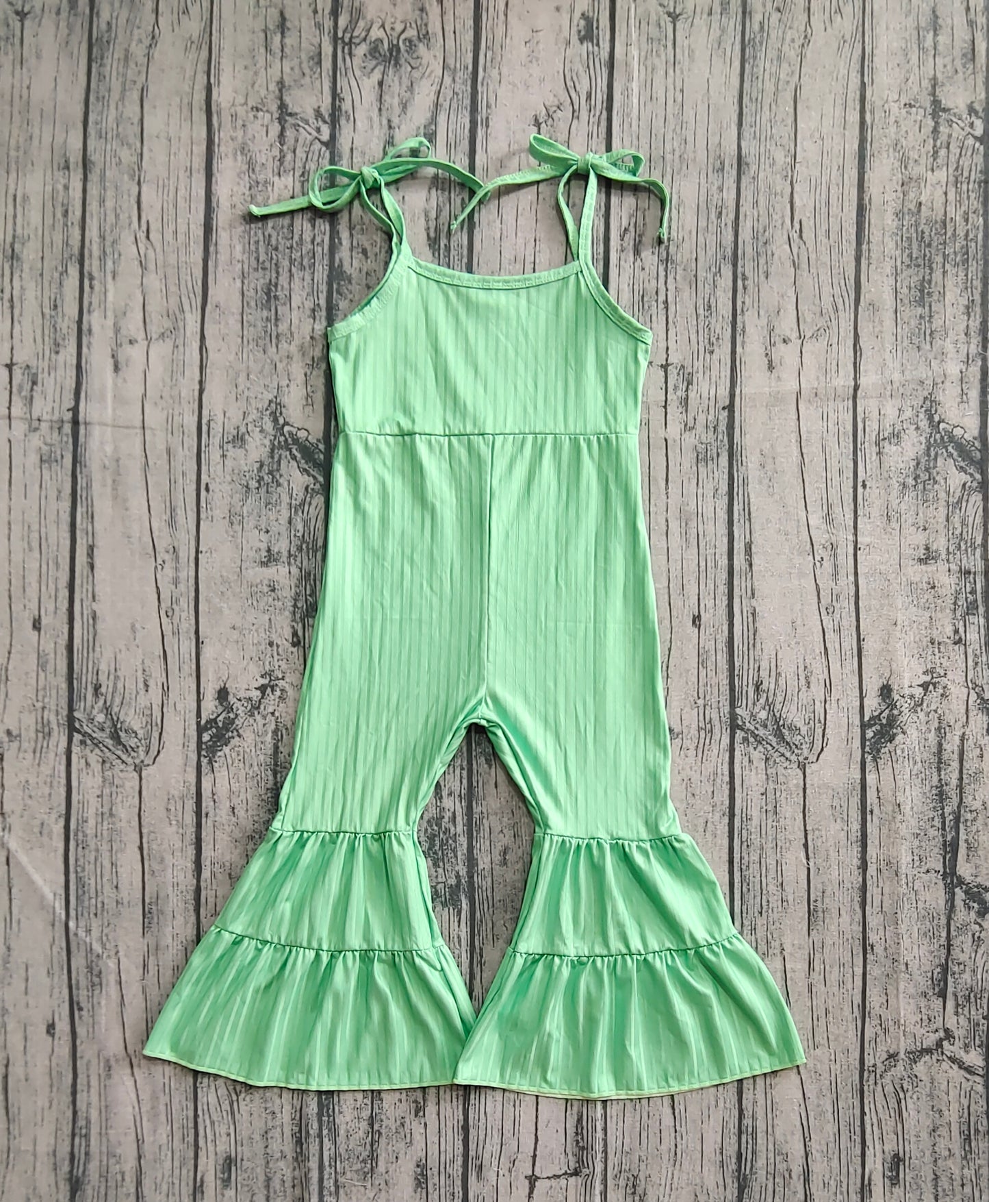 Baby Girls Green Strap Bell Bottom Ribbed Jumpsuits