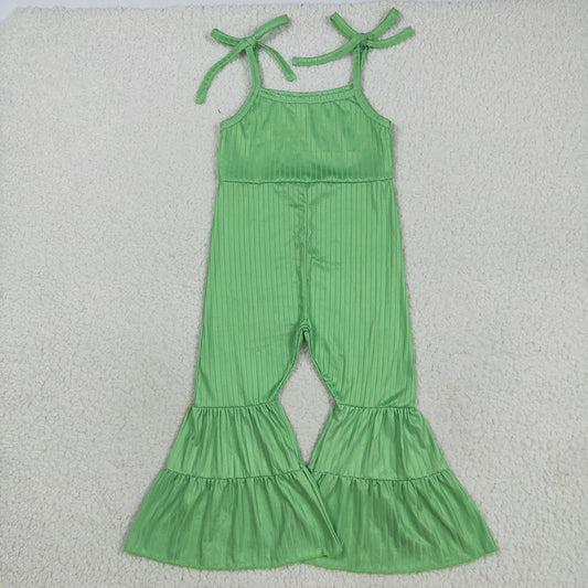 Baby Girls Green Strap Bell Bottom Ribbed Jumpsuits