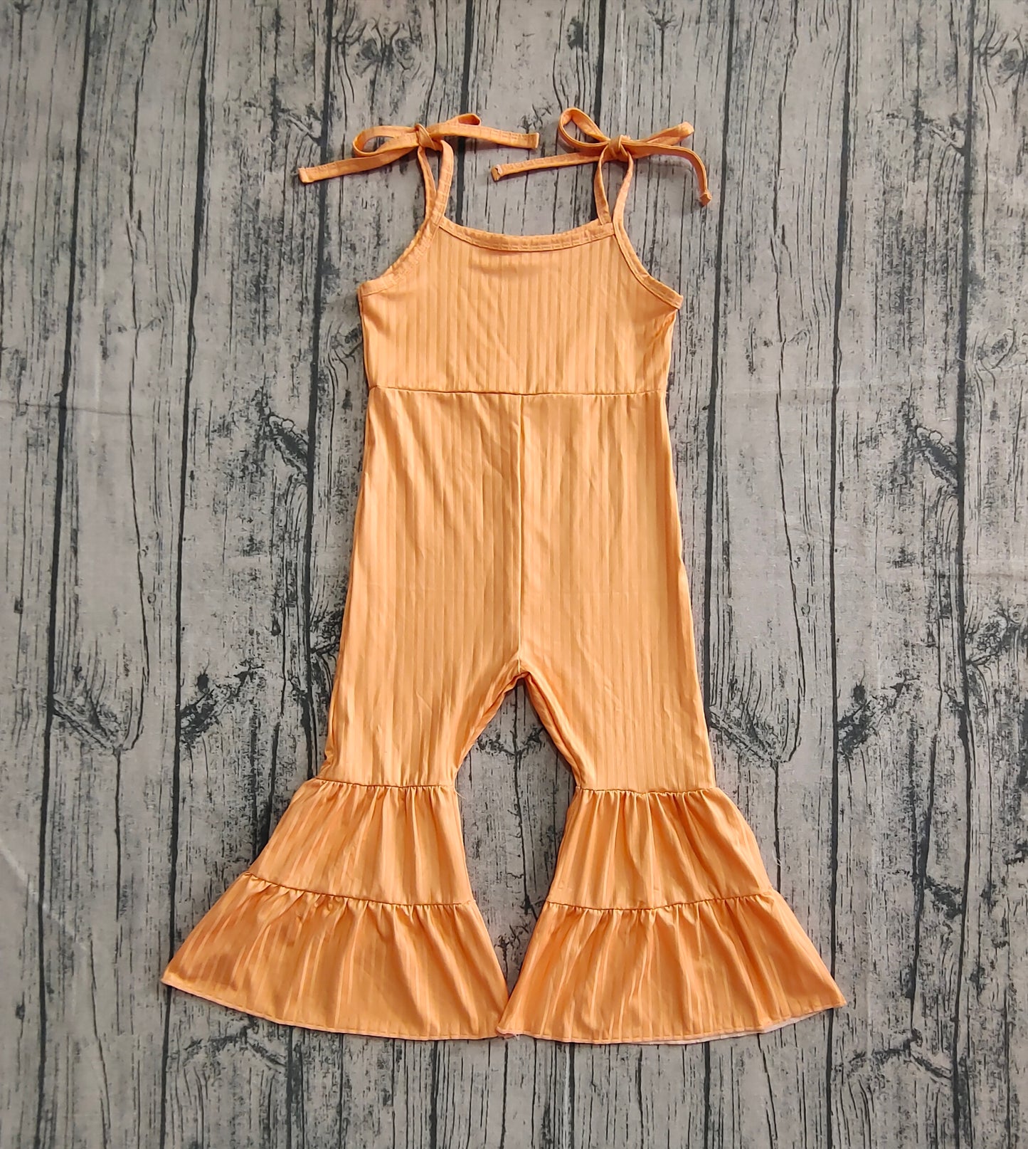 Baby Girls Orange Strap Bell Bottom Ribbed Jumpsuits