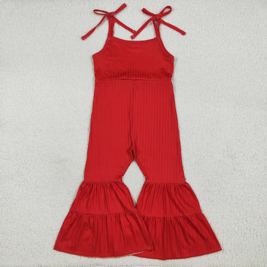 Baby Girls Red Strap Bell Bottom Ribbed Jumpsuits