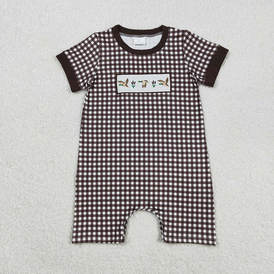 Embroidery Baby Boys Brown Plaid Short Sleeves Ducks Short Rompers