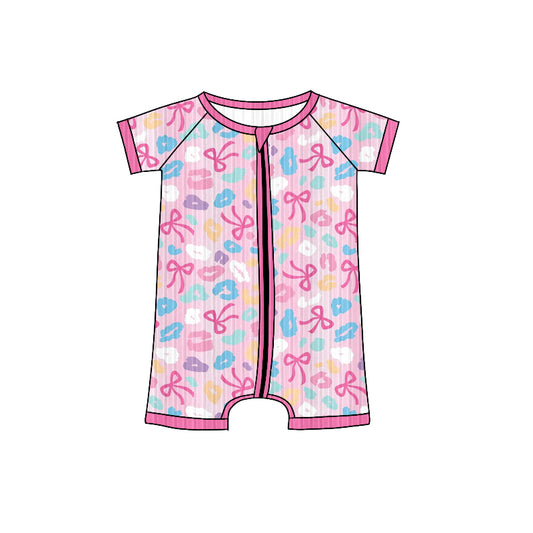 Baby Girls Pink Short Sleeves Leopard Bows Plaid Ribbed Zipper Rompers Preorder