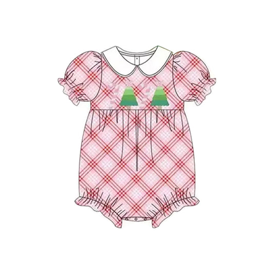 Baby Girls Pink Plaid Short Ruffle Sleeves Tree Candy Cane Rompers Preorder