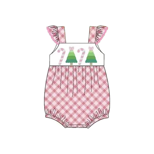 Baby Girls Pink Plaid Flutter Sleeves Tree Candy Cane Ruffle Rompers Preorder