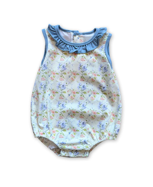 Baby Girls Blue Sleeveless Floral Plaid Ruffle Rompers Preorder