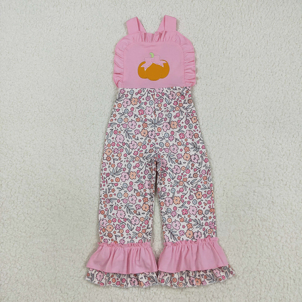 Embroidery Bow Pumpkins Baby Girls Pink Strap Floral Ruffle Pant Jumpsuits