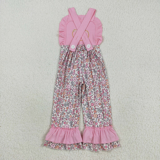 Embroidery Bow Pumpkins Baby Girls Pink Strap Floral Ruffle Pant Jumpsuits
