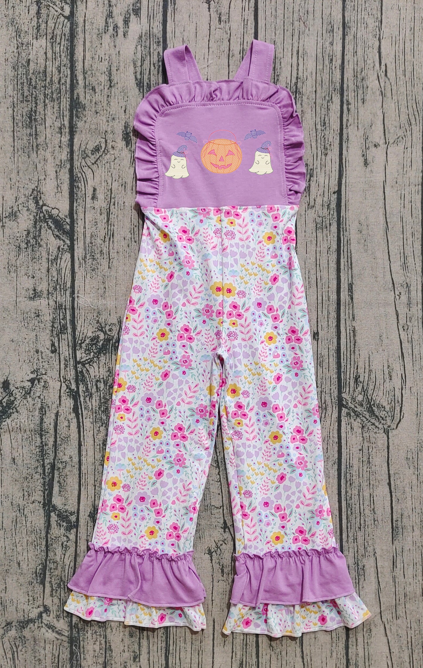Embroidery Ghost Pumpkins Baby Girls Strap Floral Halloween Jumpsuits