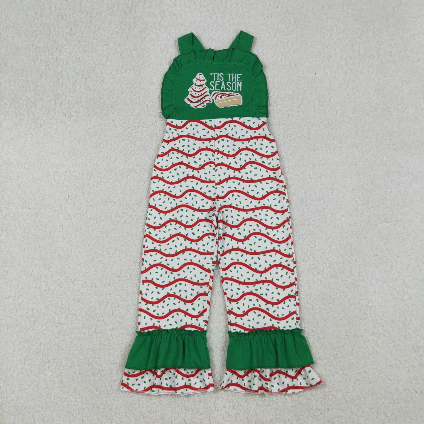 Embroidery Baby Girls Green Strap Red Stripe Trees Ruffle Pant Jumpsuits