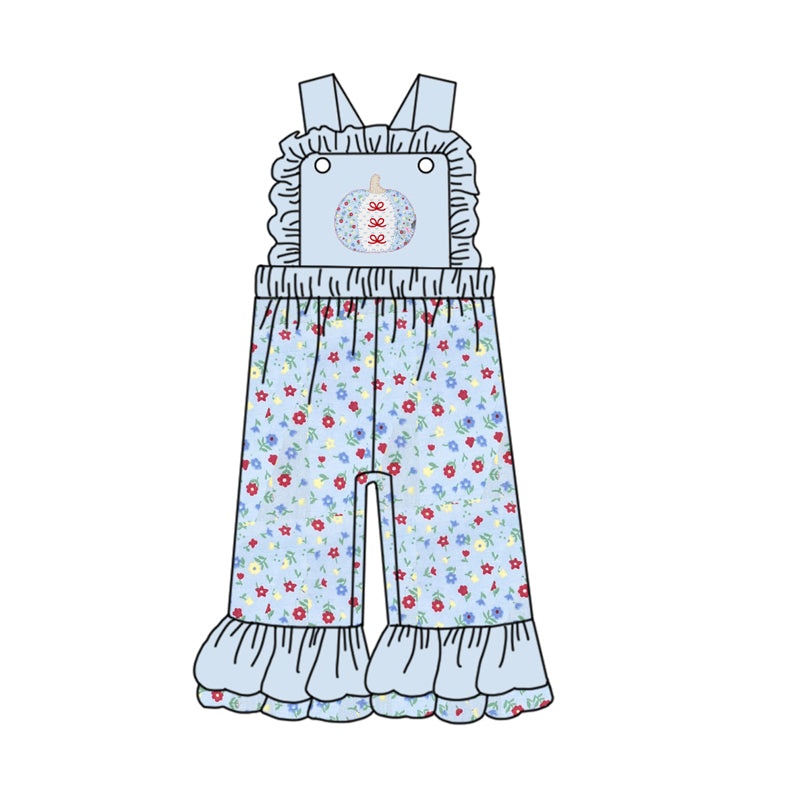 Baby Girls Blue Strap Bows Floral Pumpkins Ruffle Pant Jumpsuits Preorder