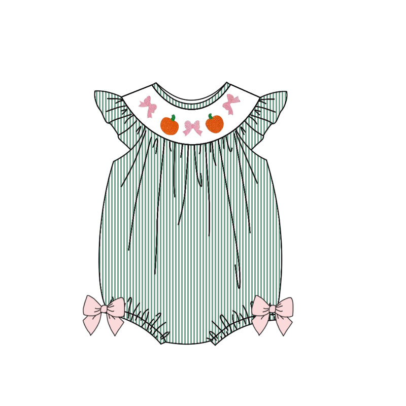 Baby Girls Green Stripe Flutter Sleeves Bows Pumpkins Rompers Preorder