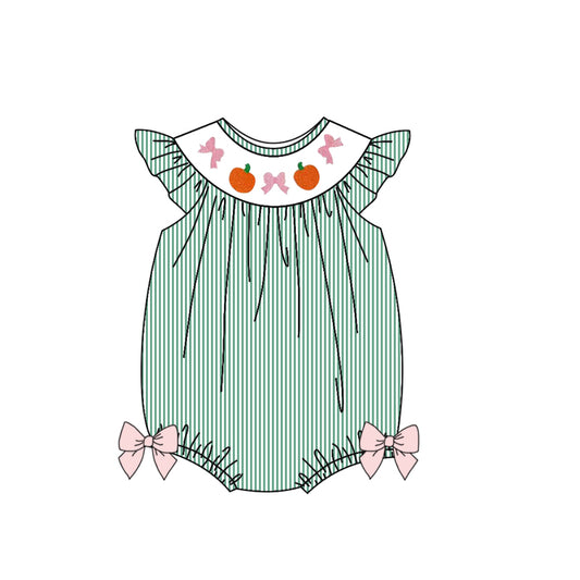 Baby Girls Green Stripe Flutter Sleeves Bows Pumpkins Rompers Preorder