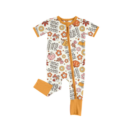 Baby Girls Short Sleeves Happy Fall Pumpkins Flowers Zipper Rompers Preorder