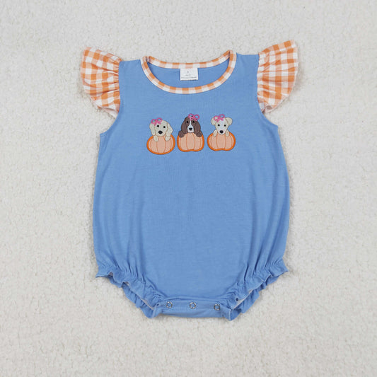 USA Shop Baby Girls Flutter Sleeve Embroidery Dogs Pumpkins Fall Ruffle Rompers