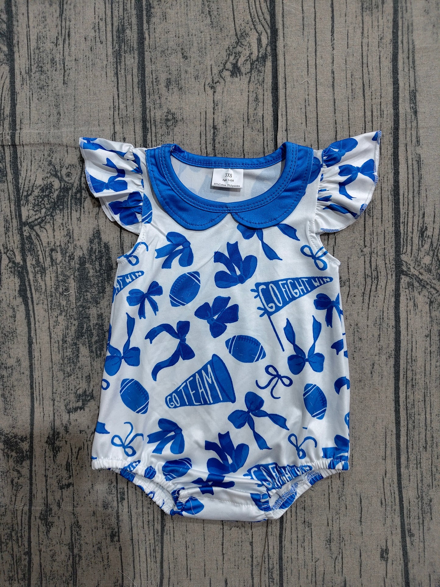 Baby Girls Flutter Sleeves Blue Cheer Bows Team Ruffle Rompers