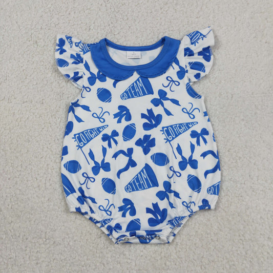 Baby Girls Flutter Sleeves Blue Cheer Bows Team Ruffle Rompers
