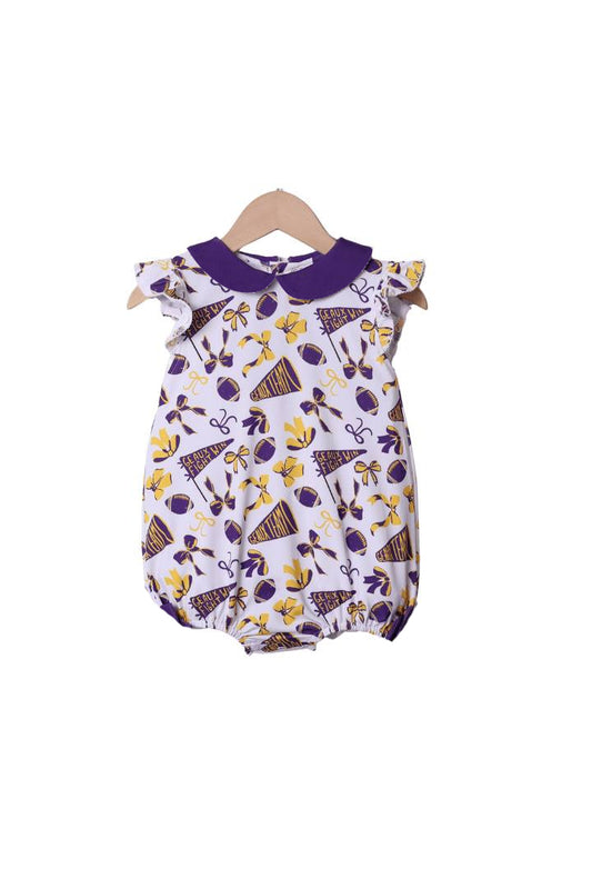Baby Girls Flutter Sleeves Purple Cheer Bows Plaid Team Ruffle Rompers Preorder