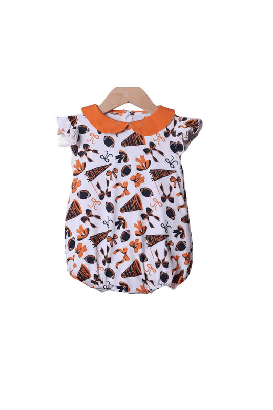 Baby Girls Flutter Sleeves Orange Cheer Bows Plaid Team Ruffle Rompers Preorder