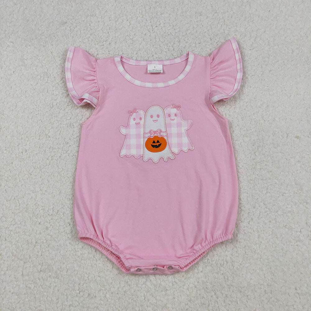 Embroidery Baby Girls Pink Ghost Pumpkins Halloween Ruffle Rompers