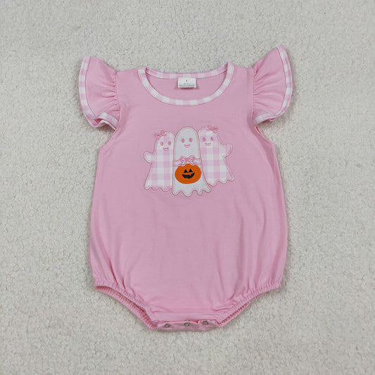 Embroidery Baby Girls Pink Ghost Pumpkins Halloween Ruffle Rompers