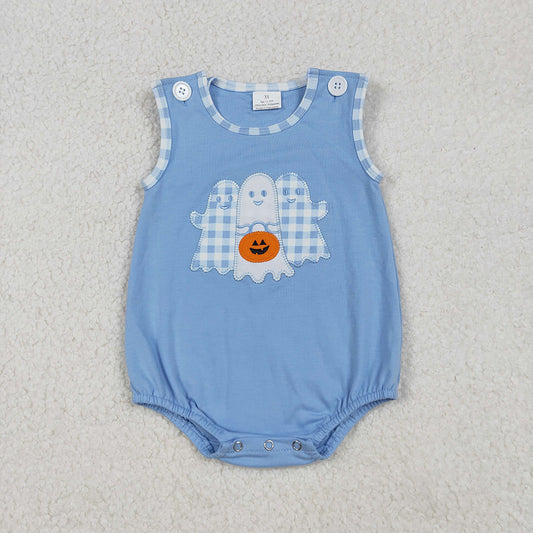 Embroidery Baby Boys Blue Ghost Pumpkins Halloween Rompers