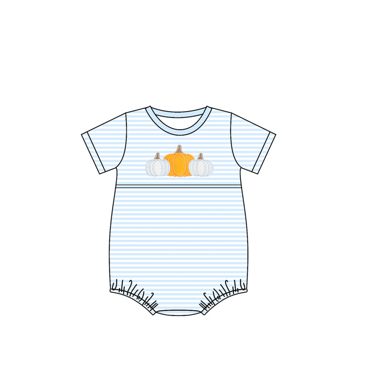 Baby Boys Blue Stripe Pumpkins Fall Rompers Preorder
