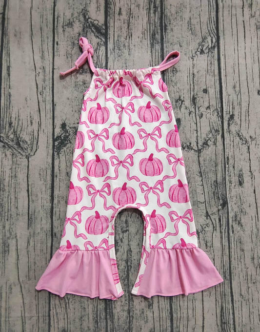 Baby Girls Pink Strap Bows Pumpkins Plaid Bell Bottom Fall Jumpsuits