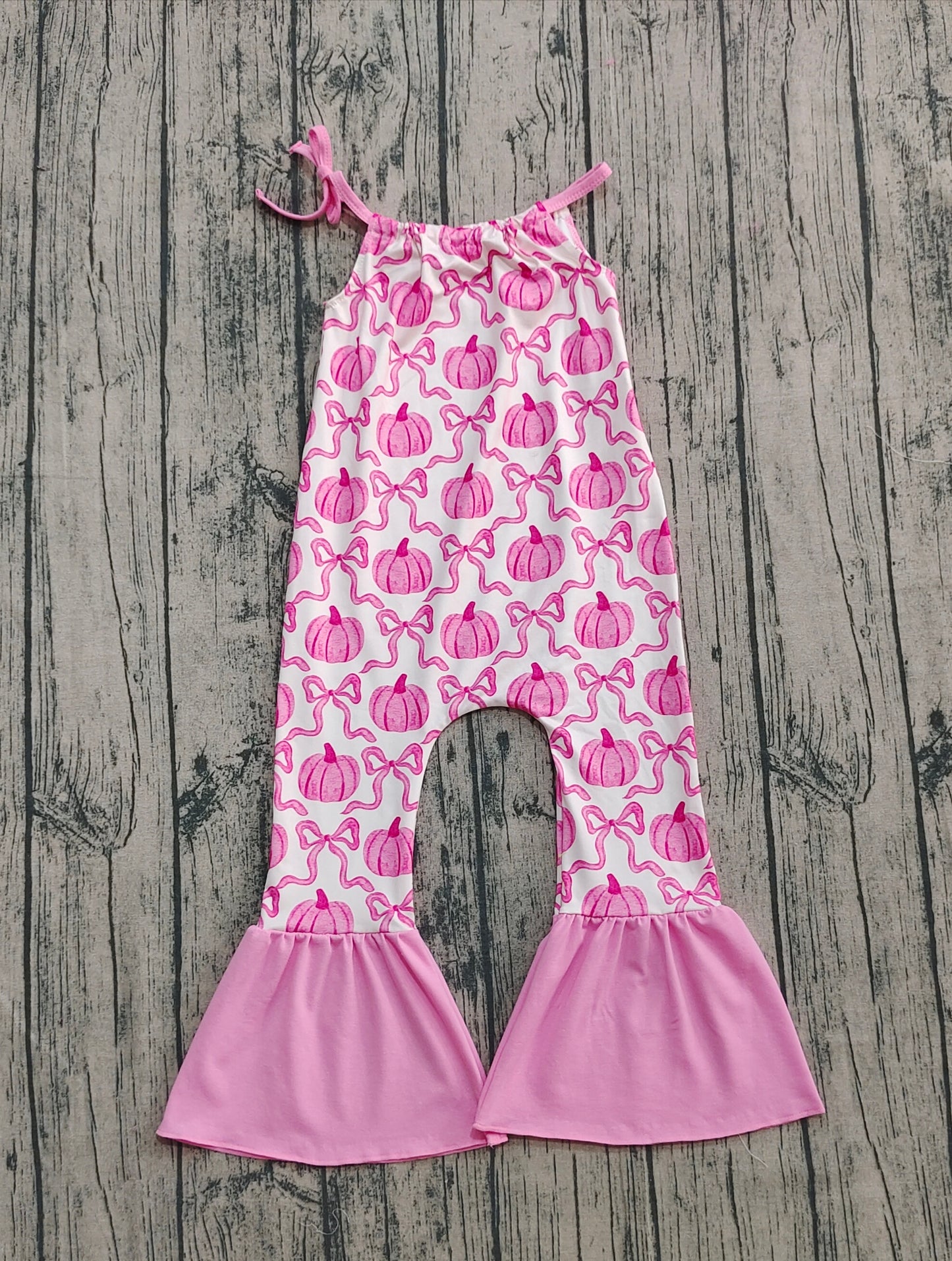 Baby Girls Pink Strap Bows Pumpkins Plaid Bell Bottom Fall Jumpsuits